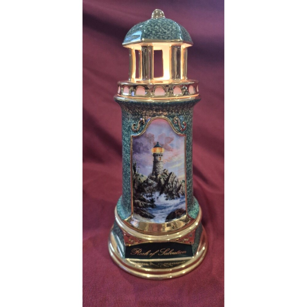 2004 Thomas Kinkade Rock Of Salvation Appx 8” Porcelain Lighthouse Working Light